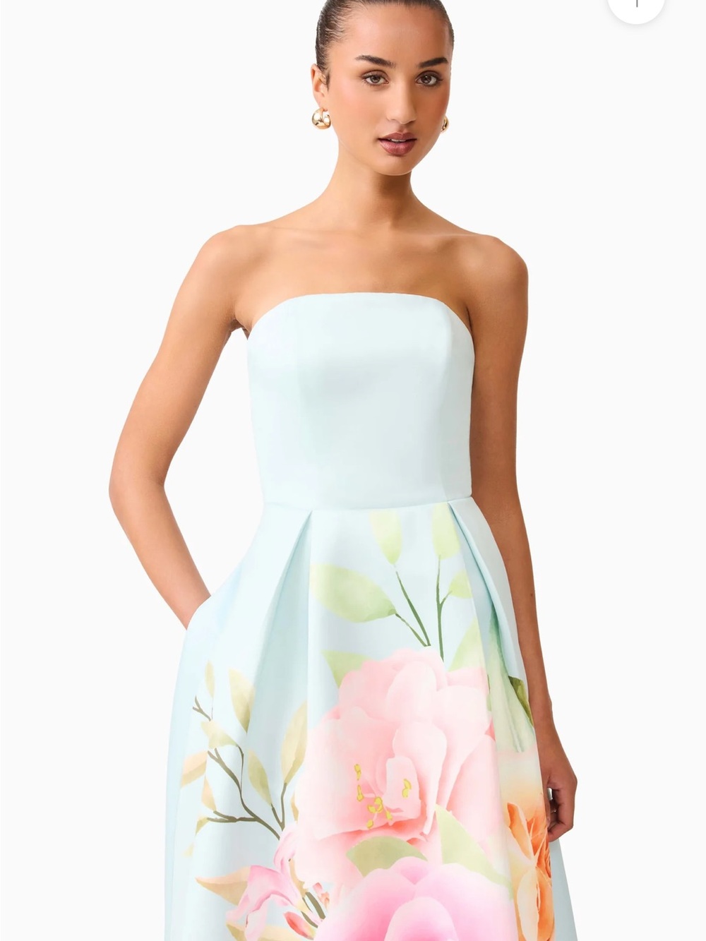 Elliatt Strapless Pastel Blue Gown with Pink & Peach Floral Print - Picture 4 of 5